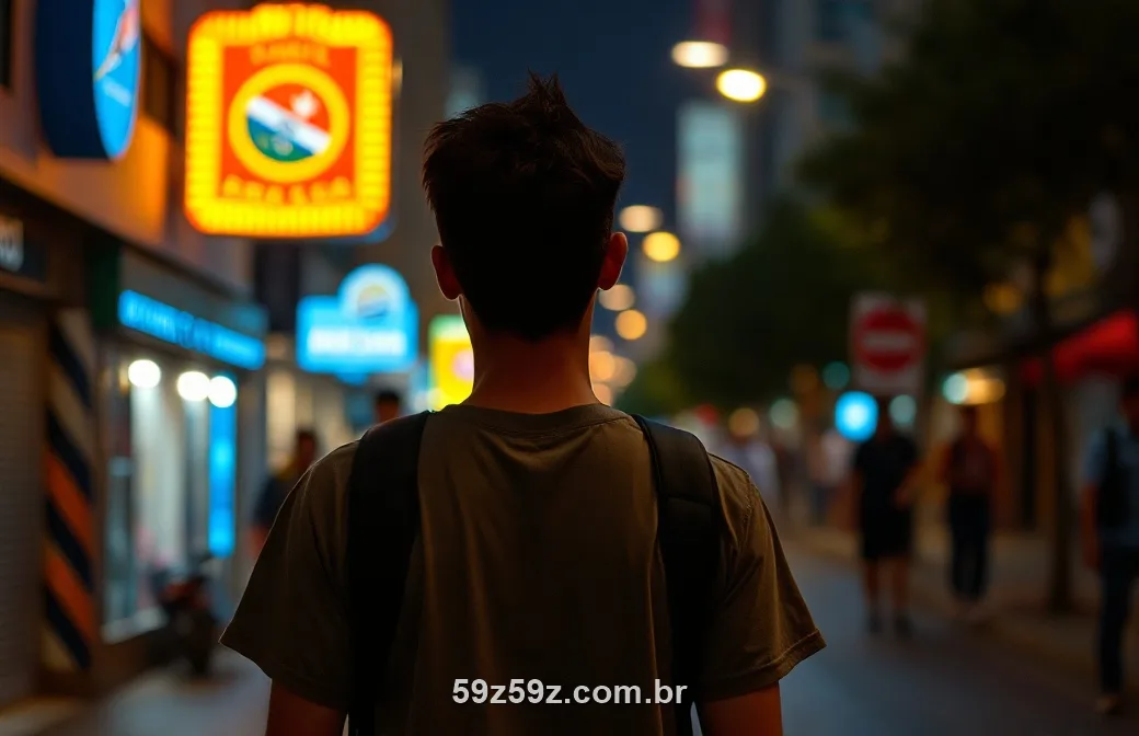 Jovem brasileiro na rua à noite com luzes azuis e douradas olhando o celular