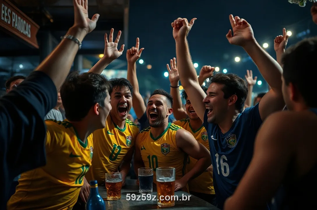 Torcedores brasileiros comemorando um gol num bar à noite sob luz azul