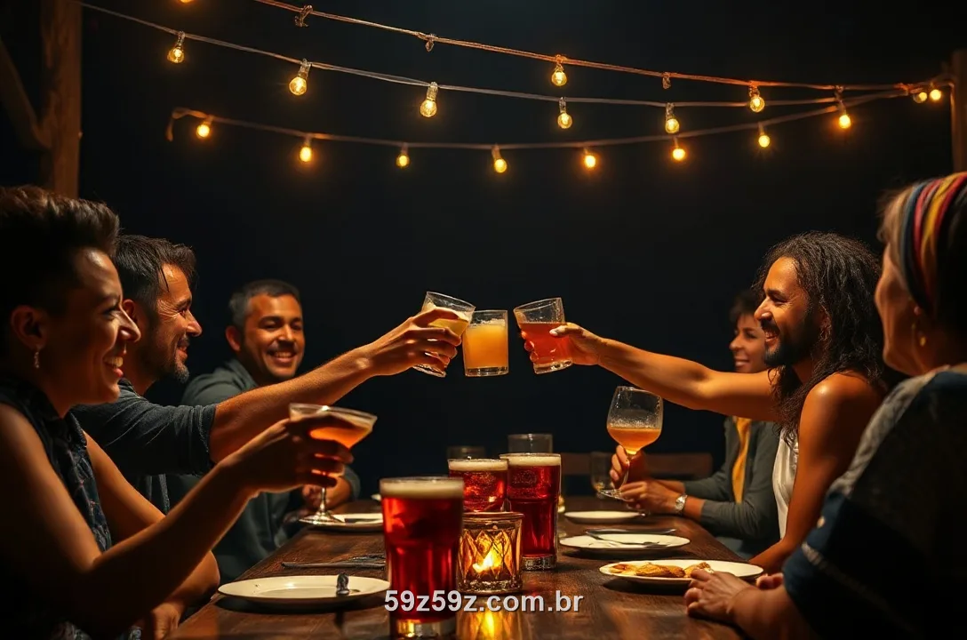 Amigos brasileiros brindando juntos numa festa à noite com luzes douradas