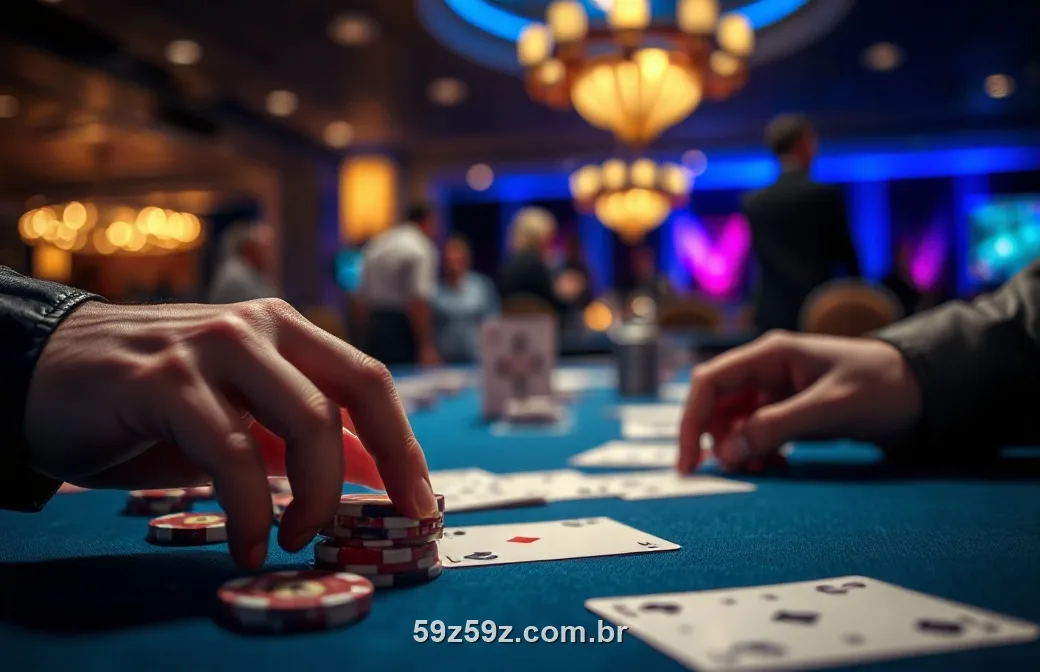 Mãos empilhando fichas e cartas sobre uma mesa de cassino sob luz azul