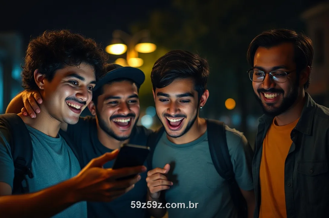 Amigos brasileiros animados olhando o celular juntos numa noite de festa