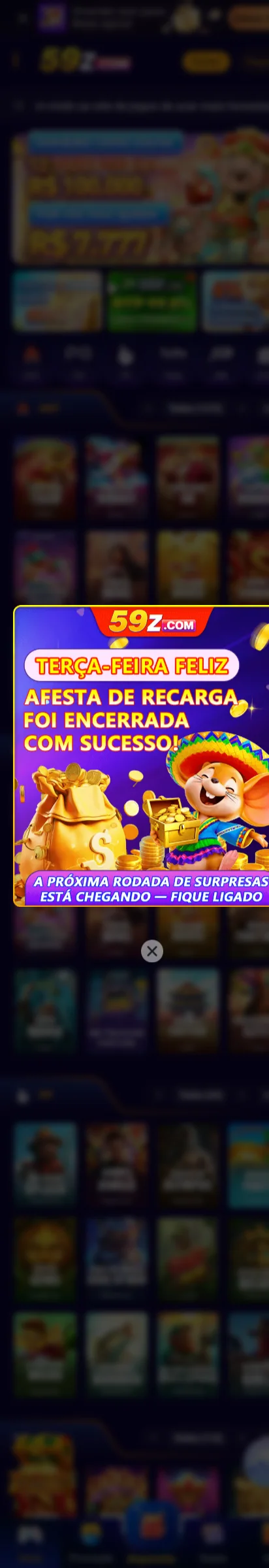 Tela inicial do app oficial 59Z.com com a Festa de Recarga