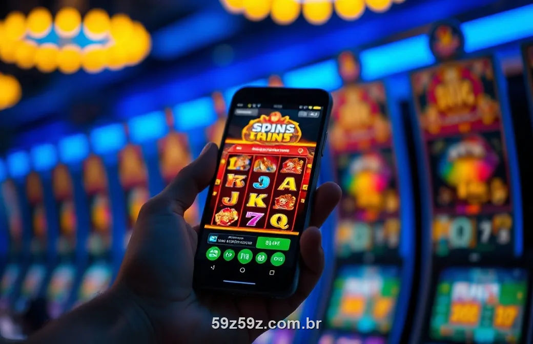 Mão segurando o celular com um caça-níquel colorido sob luz azul à noite